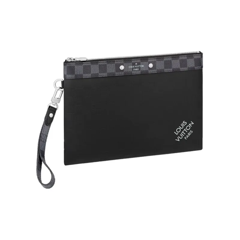 LOUIS VUITTON Pochette To Go Cow Leather With Graphite Chessboard Canvas Clutch Regular Men's Black-0