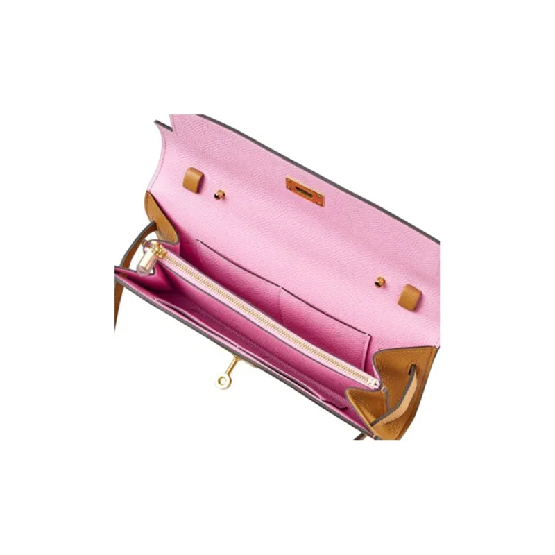 HERMES Kelly To Go Epsom Leather Shoulder Bag Crossbody Bag Small Size Women's Milk Tea Beige Brocade With Olive Purple-3