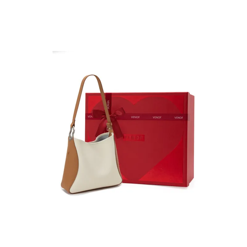 VENOF Cow Leather Bucket Bag, Shoulder Bag Women's Oak Skin White/Misty Blue-6