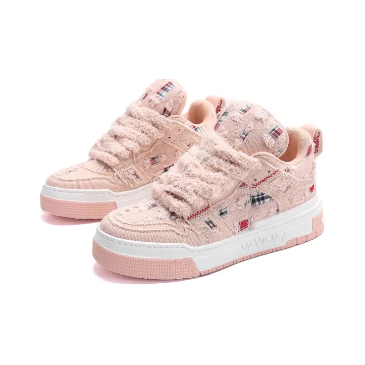Jifffly Denim Tartan Anti Slip And Wear Resistant Height Increasing Low Top Skateboard Shoes Unisex Frosted Pink-2