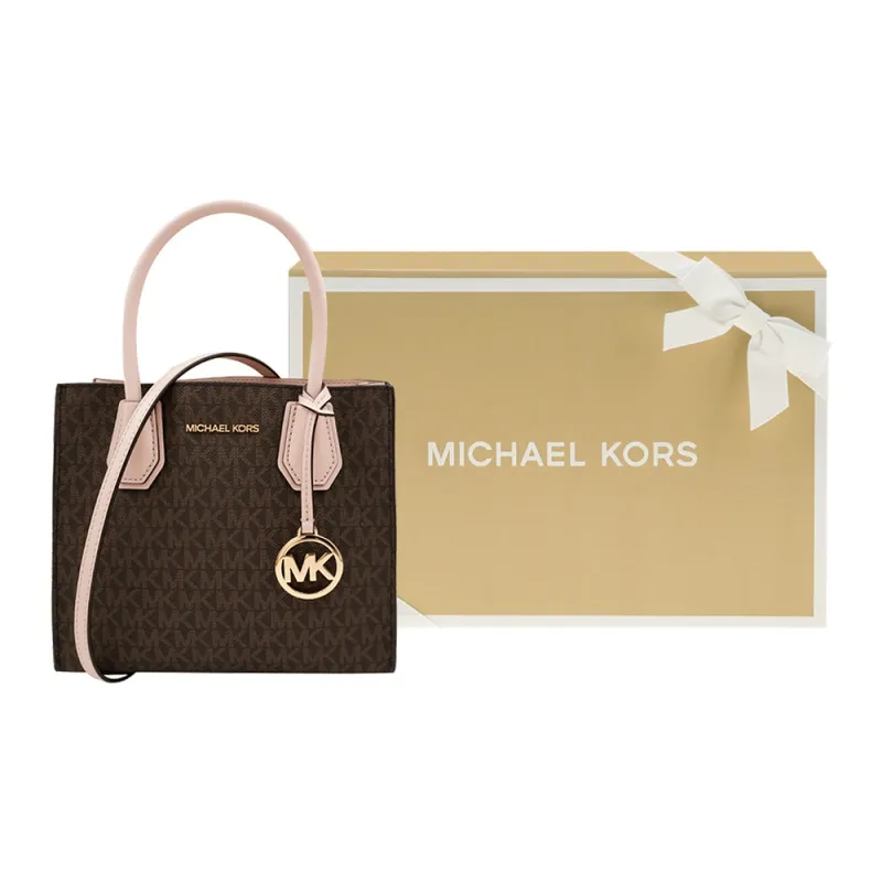 MICHAEL KORS Mercer Leather Trunk Bag, Shoulder Bag, Crossbody Bag, Handbag Medium Size Women's Brown & Pink-2