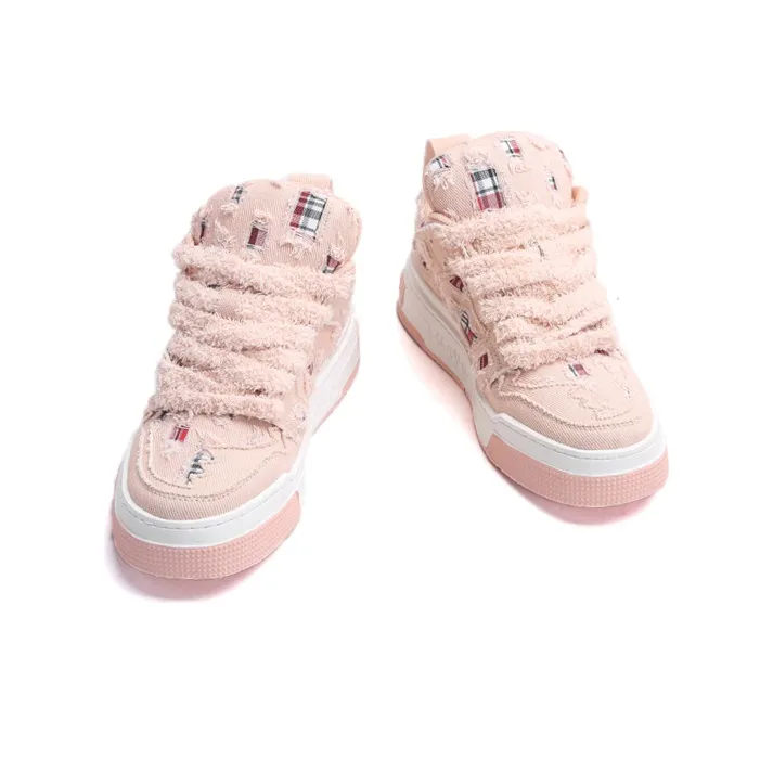 Jifffly Denim Tartan Anti Slip And Wear Resistant Height Increasing Low Top Skateboard Shoes Unisex Frosted Pink-3