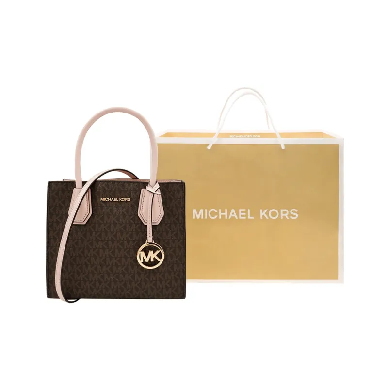 MICHAEL KORS Mercer Leather Trunk Bag, Shoulder Bag, Crossbody Bag, Handbag Medium Size Women's Brown & Pink-4