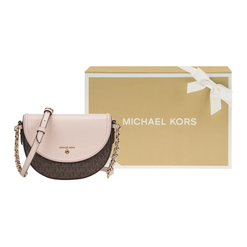MICHAEL KORS Jet Set Charm Leather Saddle Bag Crossbody Bag Shoulder Bag Women's Dark Brown & Nude Pink-9