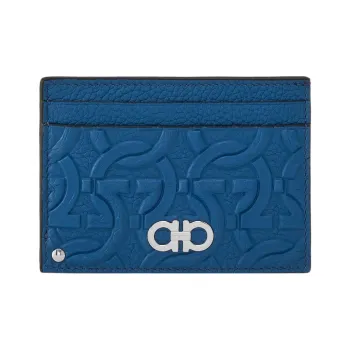 FERRAGAMO GANCINI Calfskin Credit Card Holder Card Case Men's Blue