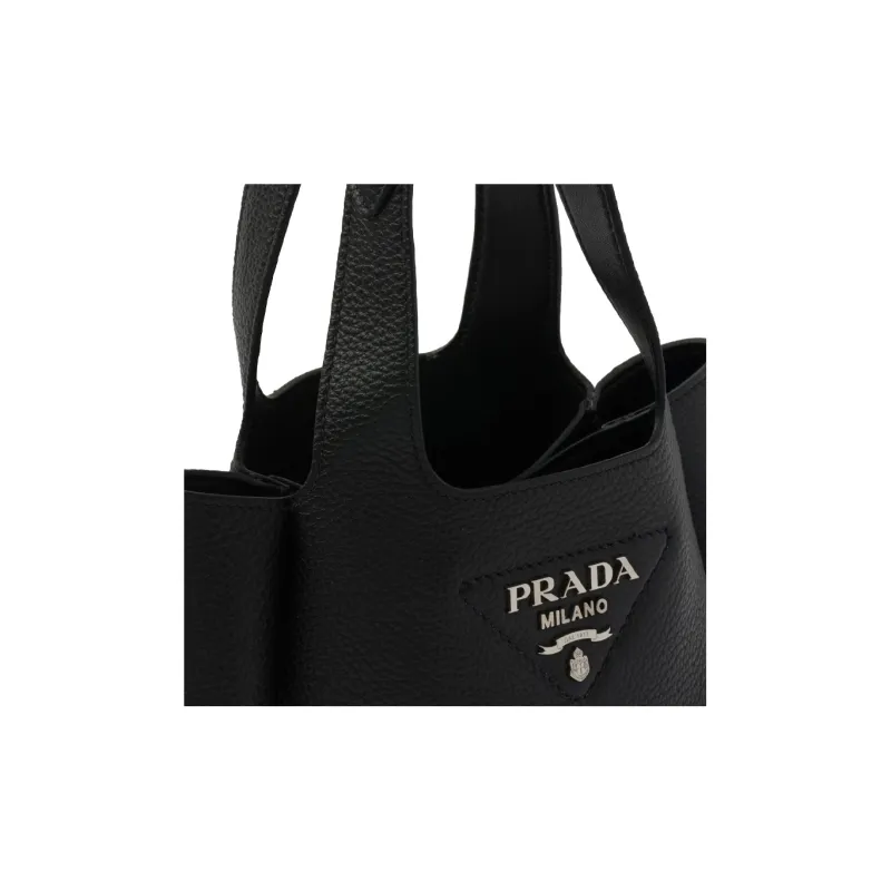 PRADA Cow Leather Litchi Grain Basket Bag, Tote, Bucket Bag, Shopping Bag Women's Black-3