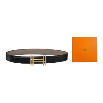 HERMES Double H Gold Buckle Reversible Belt Men Black/Tin Grey