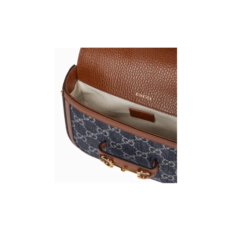 GUCCI Horsebit 1955 Leather Trim With Denim Saddle Bag, Crossbody Bag, Shoulder Bag Women's-8
