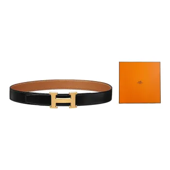 HERMES Classic Matte Gold Buckle Togo Calfskin Double Sided Leather Belt Men's Black/Gold Width  3.2cm