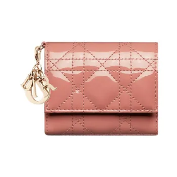 DIOR Lady Dior Patent Leather Calfskin Wallet Women's Bright Pink