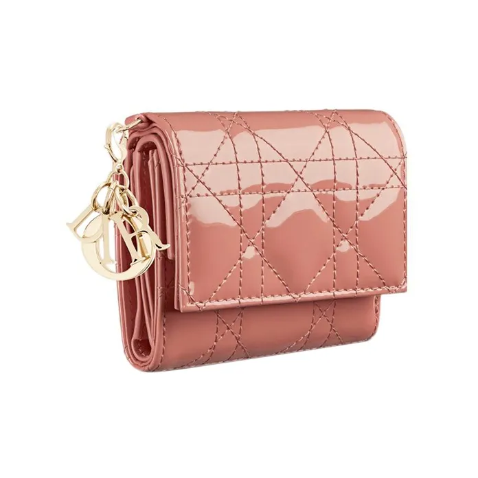 DIOR Lady Dior Patent Leather Calfskin Wallet Women's Bright Pink-1