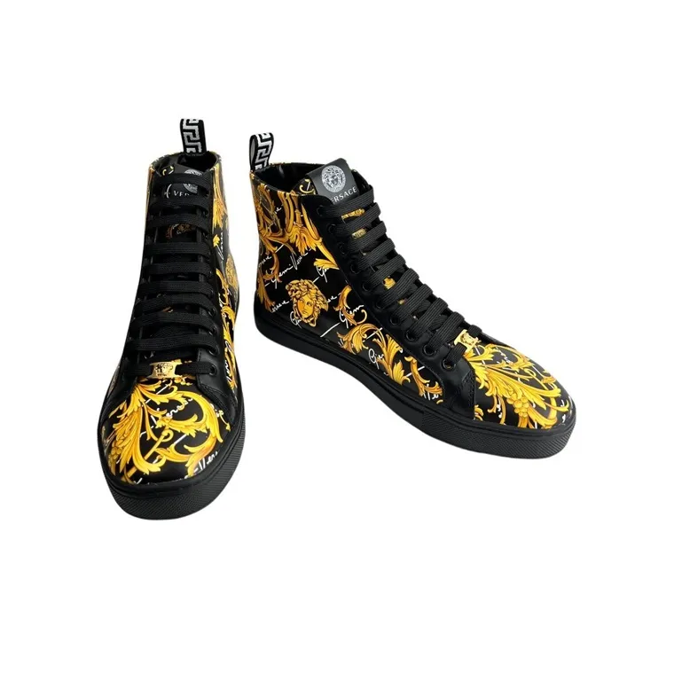 FANSIZHE Barocco High Top Stylish Skateboarding Shoes Men's Black Gold-3