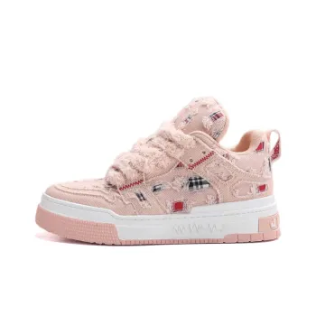 Jifffly Denim Tartan Anti Slip And Wear Resistant Height Increasing Low Top Skateboard Shoes Unisex Frosted Pink