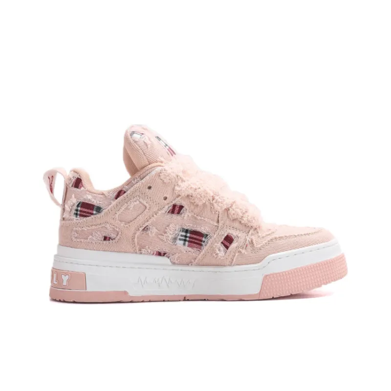Jifffly Denim Tartan Anti Slip And Wear Resistant Height Increasing Low Top Skateboard Shoes Unisex Frosted Pink-1