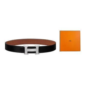 HERMES Classic Matte H Logo Silver Buckle Togo Calfskin Double Sided Leather Belt Men's Black Brown Width  3.2cm