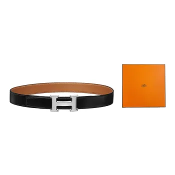 HERMES Classic H Shiny Silver Buckle Epsom Calfskin Belt Men's Black/Gold Width  3.2cm