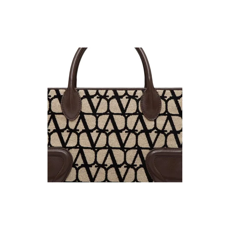 Valentino Canvas With Goatskin Tote Bag Shopping Bag Shoulder Bag Crossbody Bag Handbag Small Size Women's Beige/Black-6