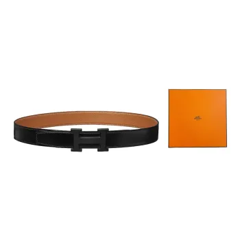 HERMES Frosted Black Black Buckle Togo Calfskin Double Sided Leather Belt Men's Black/Gold Width  3.2cm