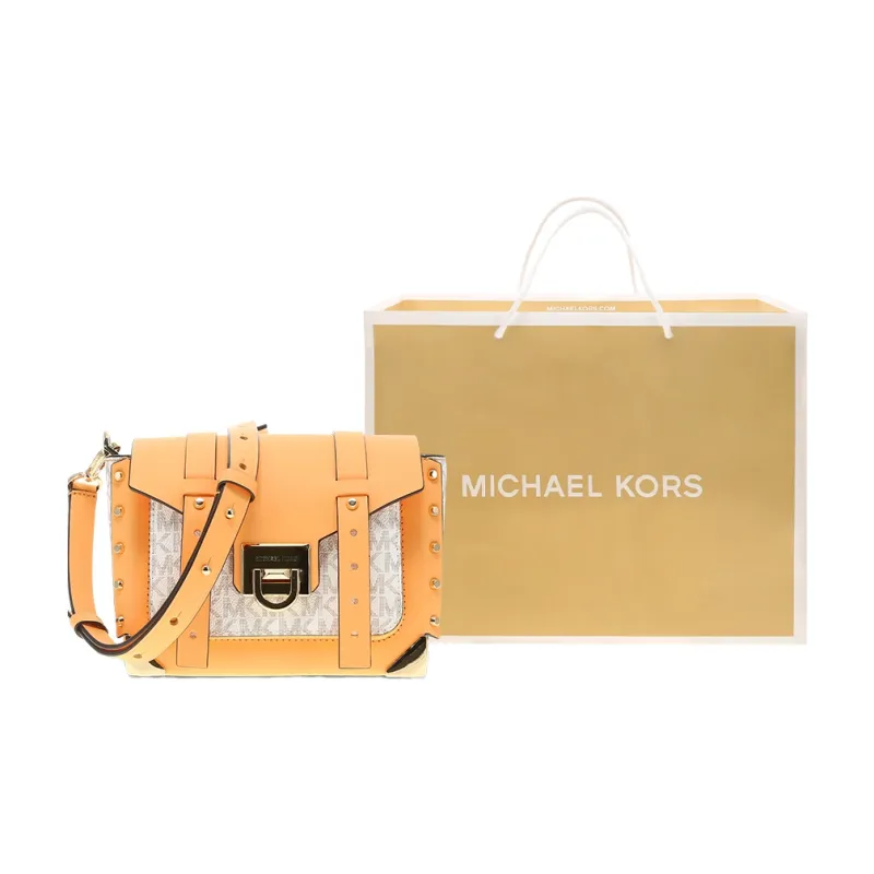 MICHAEL KORS Artificial Leather Satchel Bag, Shoulder Bag, Crossbody Bag Trumpets Women's Cantaloupe & White-0