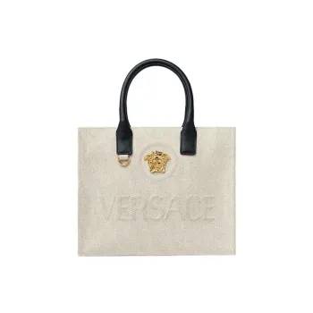 VERSACE Cow Leather Tote Bag Shopping Bag Shoulder Bag Crossbody Bag Handbag Small Size Women's Beige
