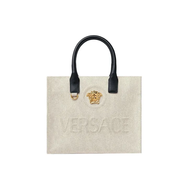 VERSACE Cow Leather Tote Bag Shopping Bag Shoulder Bag Crossbody Bag Handbag Small Size Women's Beige-0