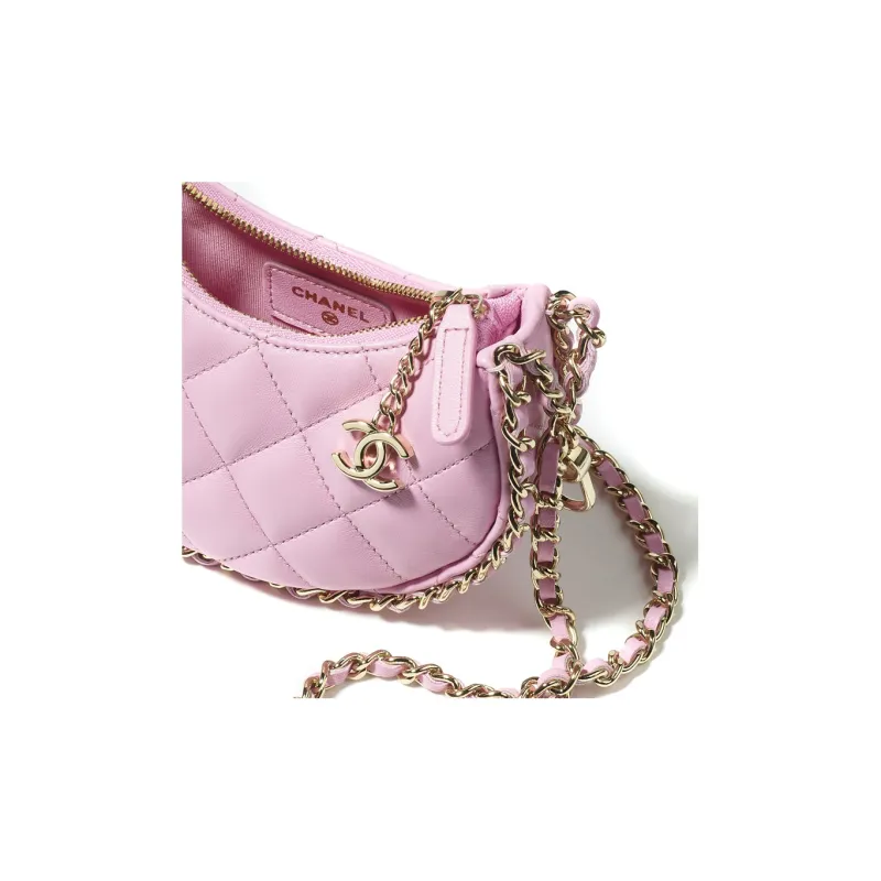 CHANEL Lambskin Hobo Bag, Dumpling Bag, Handbag, Shoulder Bag, Crossbody Bag Mini Women's Pink-3