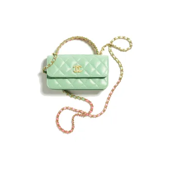 CHANEL Calfskin Chain Bag Cell Phone Pouch Handbag Shoulder Bag Crossbody Bag Women's Light Green