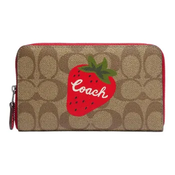 COACH Id Zip Wallet Canvas With Leather Coin Purse Wallet Medium Size Women's Black Wood & Red