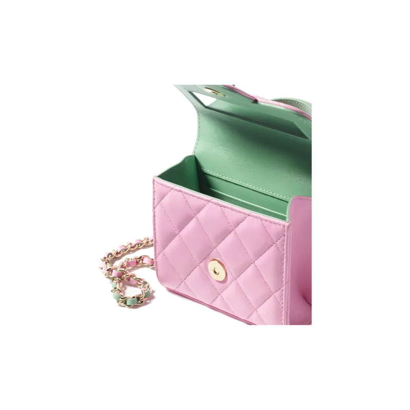 CHANEL Sheepskin One Shoulder Crossbody Clutch Women's Pink & Green-4
