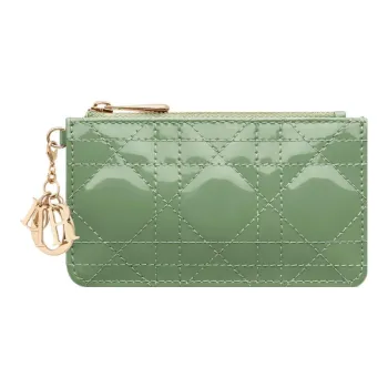 DIOR Lady Dior Patent Leather Cow Leather Card Holder Women's Green