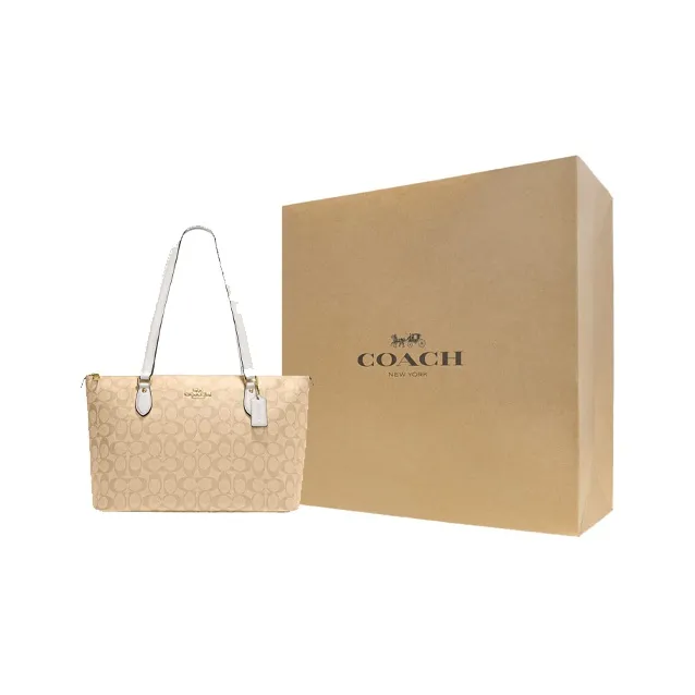 COACH Zip Top Tote Coated Canvas With Leather Tote Bag Shopping Bag Handbag Shoulder Bag Women's Khaki White Multicolor-7