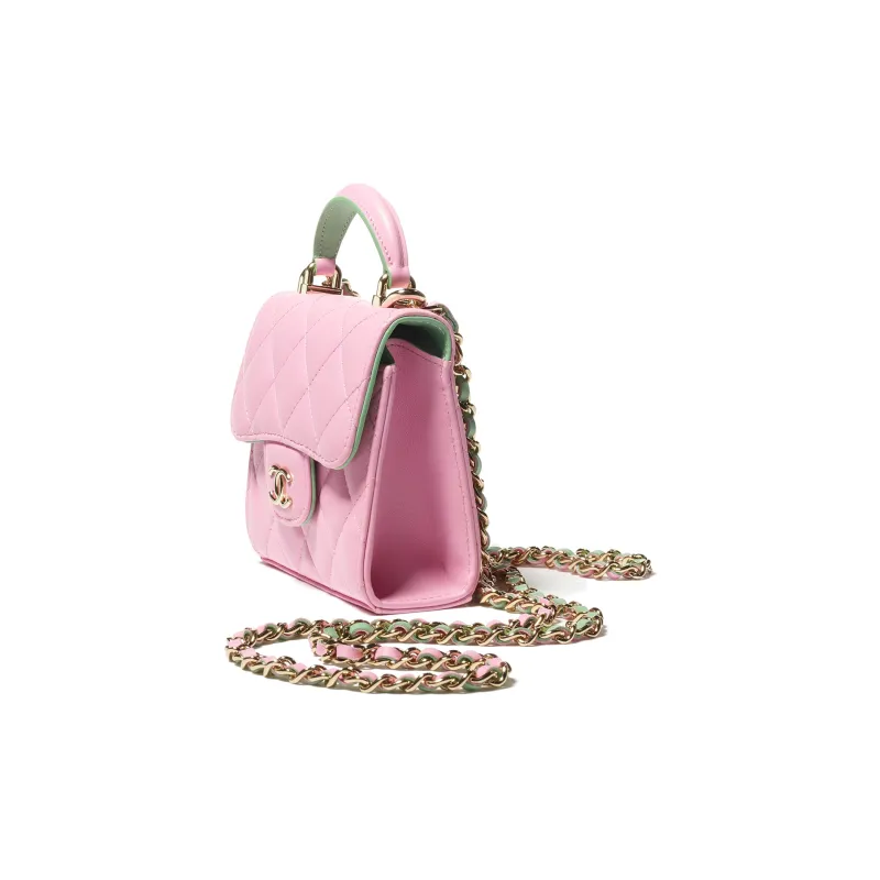 CHANEL Sheepskin One Shoulder Crossbody Clutch Women's Pink & Green-2
