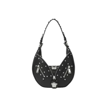 VERSACE Repeat Series Calfskin Hobo Biker Shoulder Bag Handbag Large Size Women's Black
