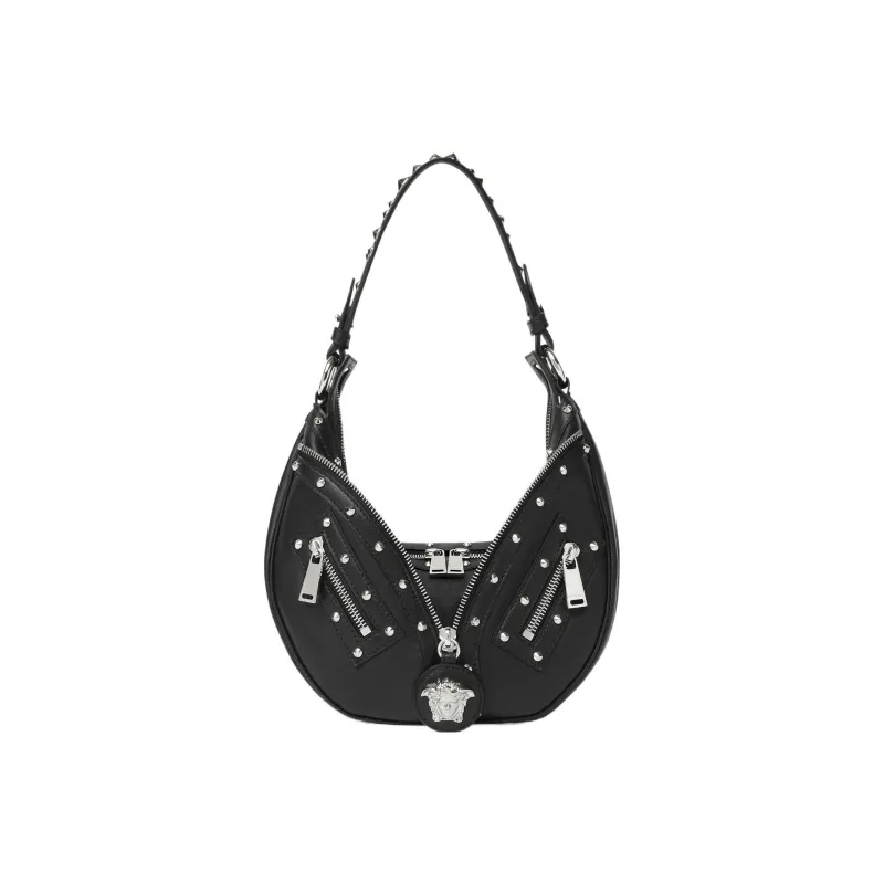 VERSACE Repeat Series Calfskin Hobo Biker Shoulder Bag Handbag Large Size Women's Black-0