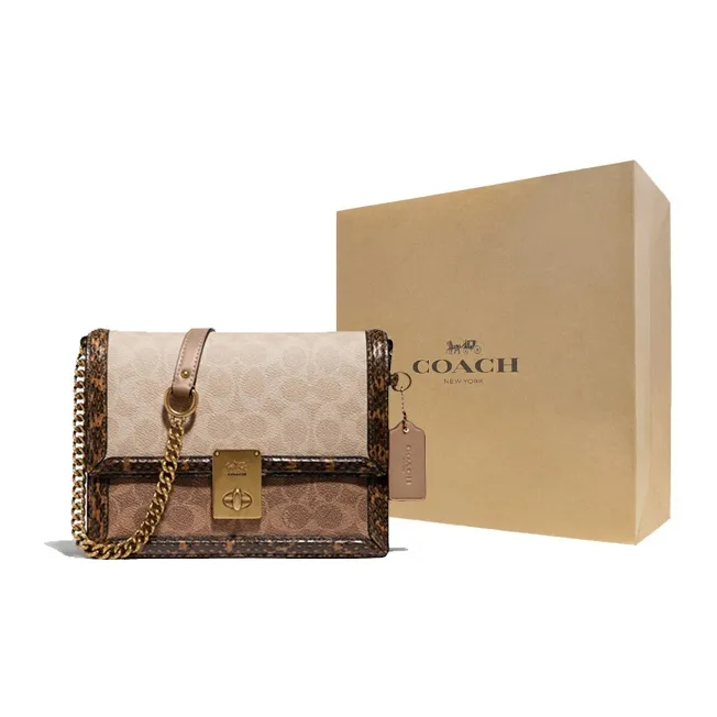 COACH Hutton Leather With Snake Skin With Coated Canvas Small Square Bag Shoulder Bag, Crossbody Bag Women's Brown-9
