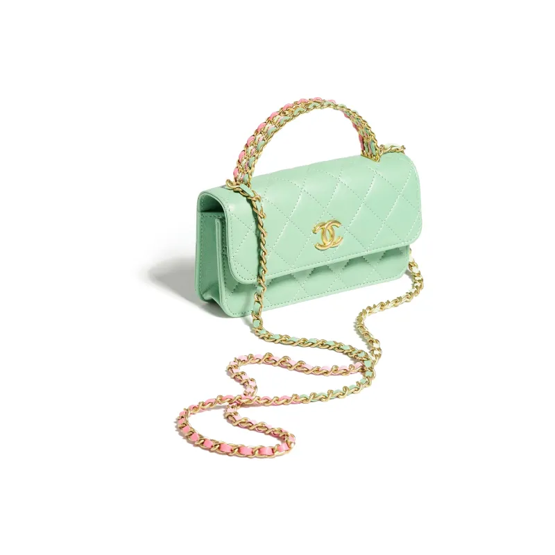 CHANEL Calfskin Chain Bag, Cell Phone Pouch, Handbag, Shoulder Bag, Crossbody Bag Women's Light Green-1