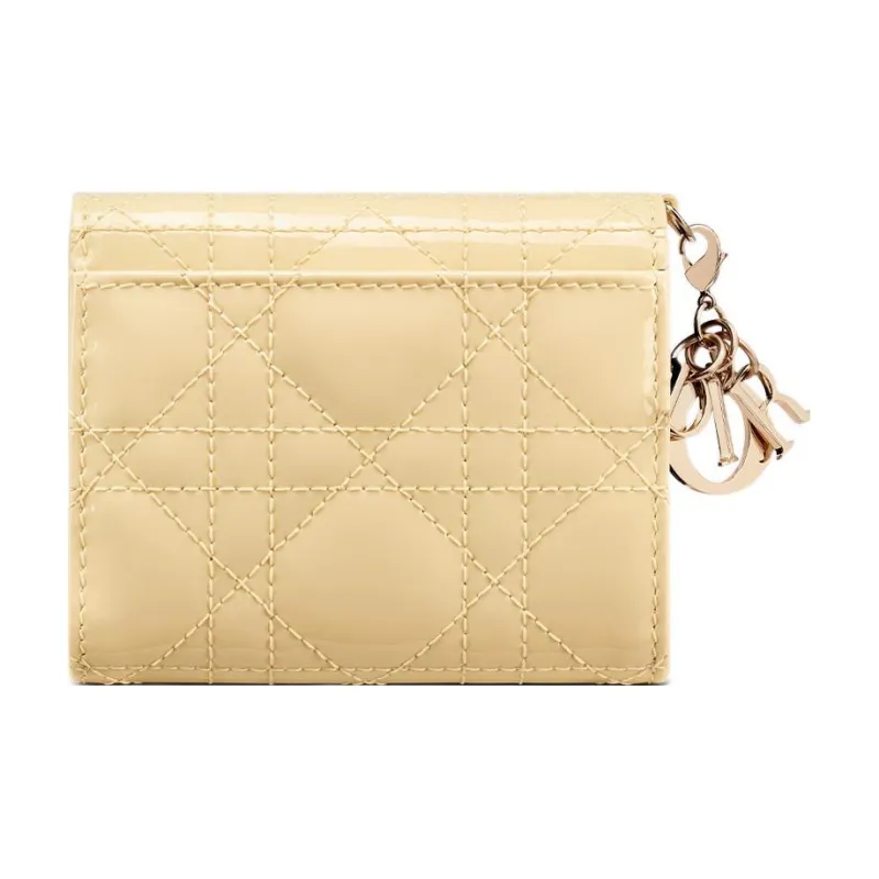 DIOR Lady Dior Patent Leather Calfskin Wallet Women's Light Yellow-4