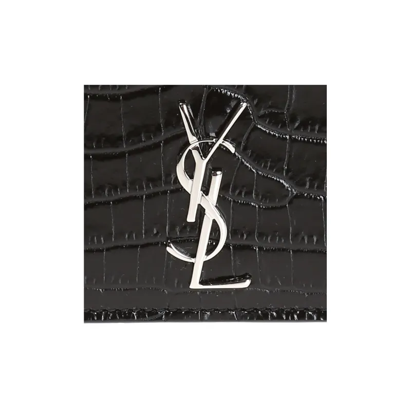 SAINT LAURENT CASSANDRE Crocodile Pattern Shiny Calfskin Card Holder Women's Black-5