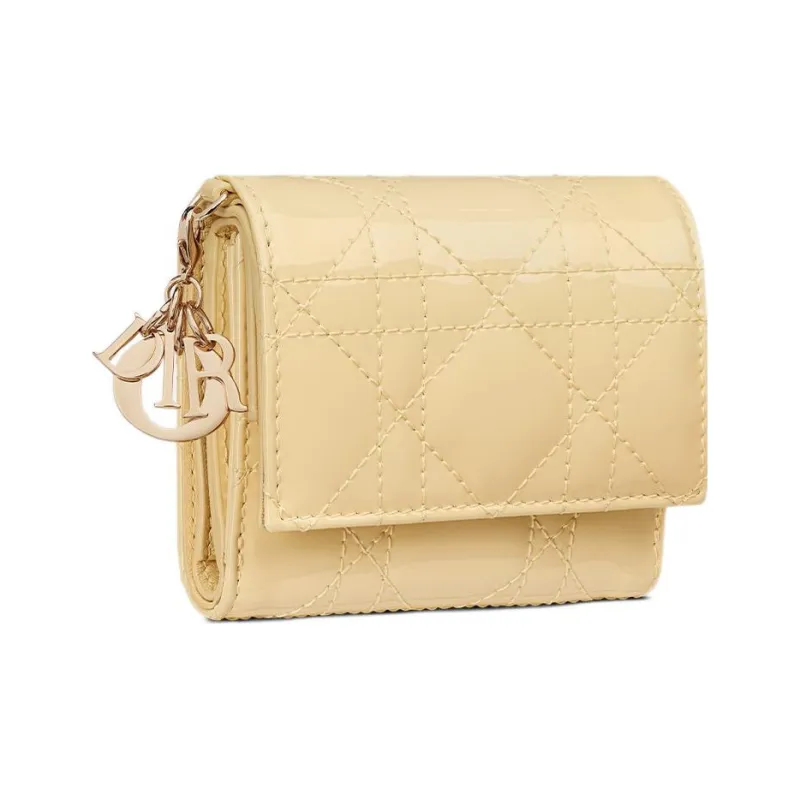 DIOR Lady Dior Patent Leather Calfskin Wallet Women's Light Yellow-1