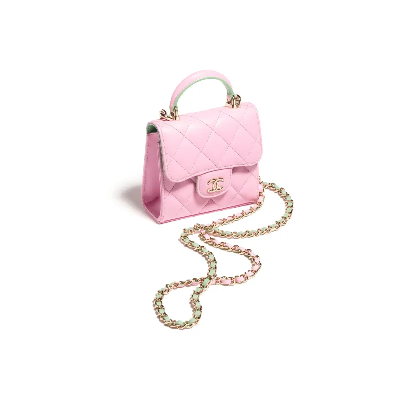 CHANEL Sheepskin One Shoulder Crossbody Clutch Women's Pink & Green-3