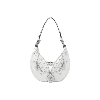 VERSACE Calfskin Hobo Biker Shoulder Bag Handbag Large Size Women's Silver