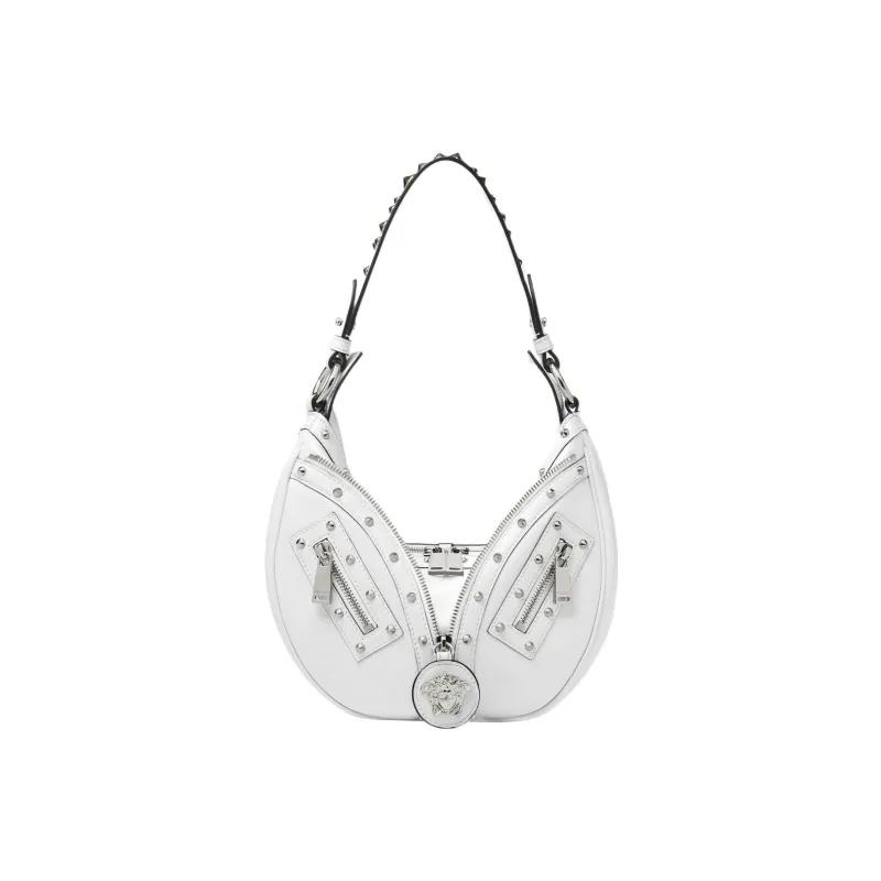 VERSACE Calfskin Hobo Biker Shoulder Bag Handbag Large Size Women's Silver-0