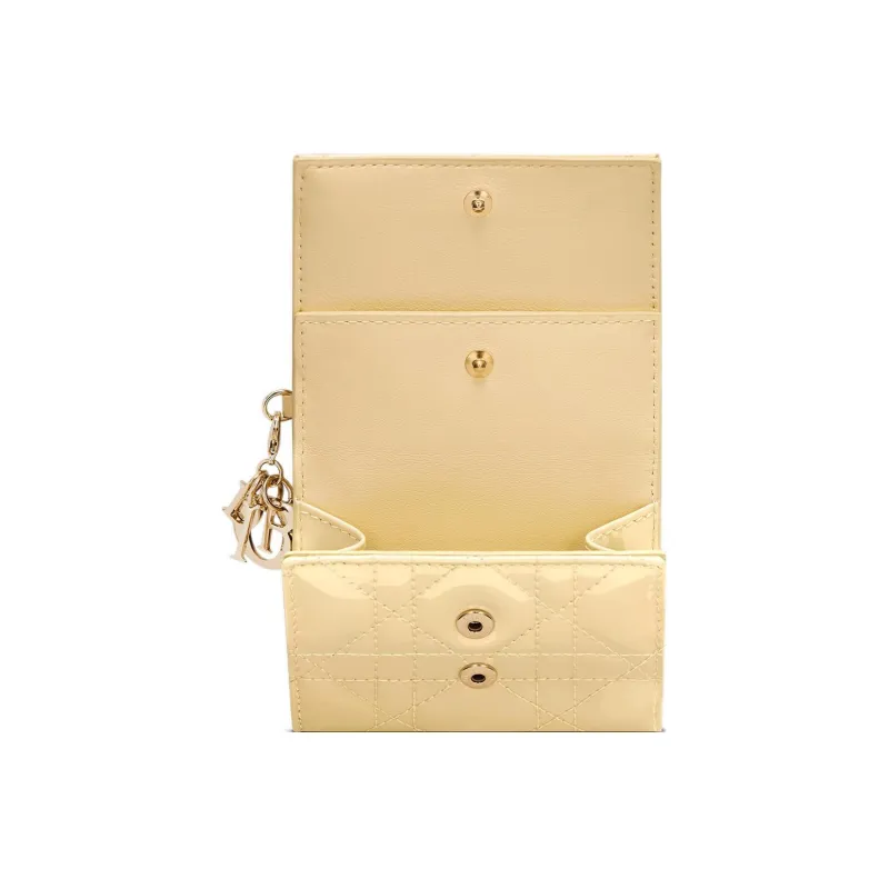 DIOR Lady Dior Patent Leather Calfskin Wallet Women's Light Yellow-3