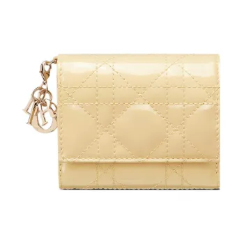 DIOR Lady Dior Patent Leather Calfskin Wallet Women's Light Yellow