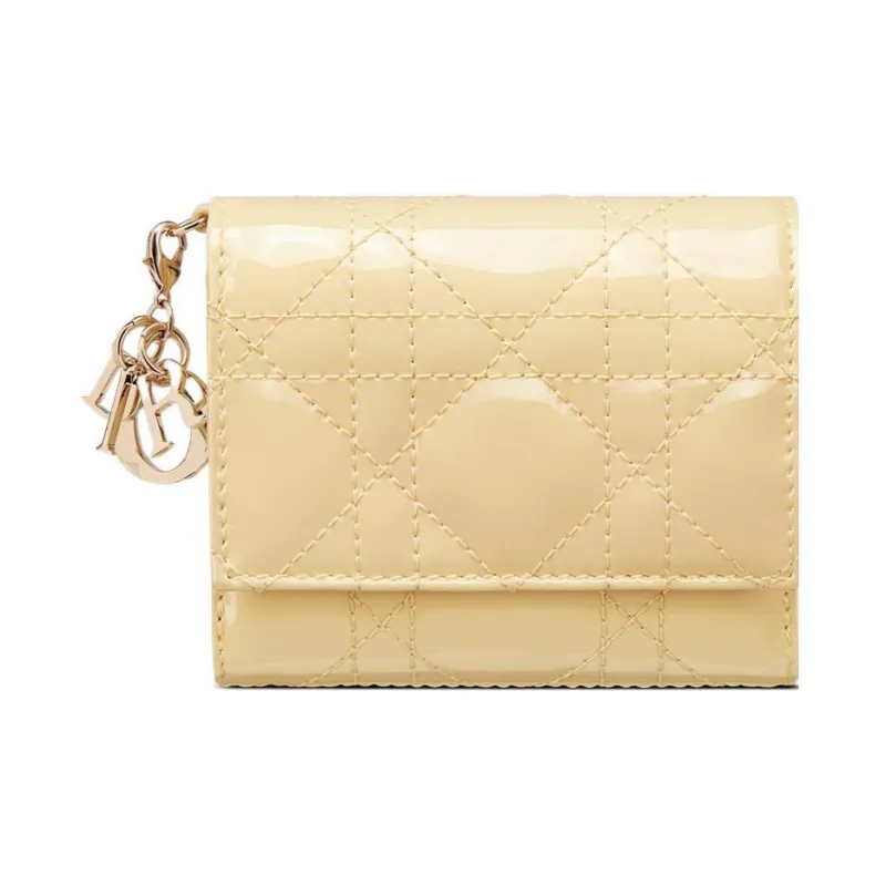 DIOR Lady Dior Patent Leather Calfskin Wallet Women's Light Yellow-0