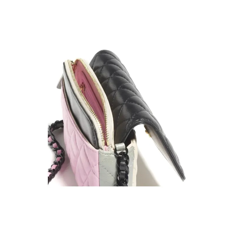 CHANEL Lambskin Flap Cell Phone Pouch, Shoulder Bag, Crossbody Bag Women's Black/Beige-3