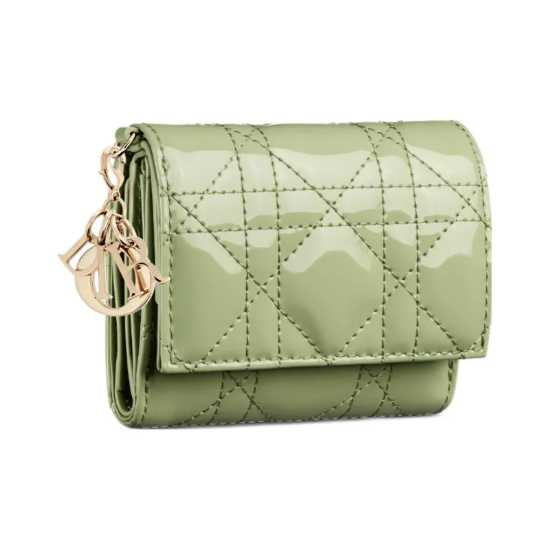 DIOR Lady Dior Patent Leather Calfskin Wallet Women's Green-1