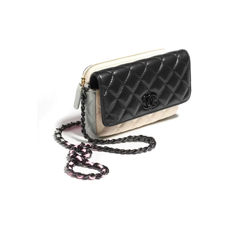 CHANEL Lambskin Flap Cell Phone Pouch, Shoulder Bag, Crossbody Bag Women's Black/Beige-1