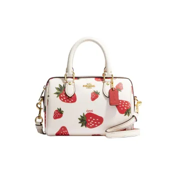 COACH Rowan Leather Boston Bag Handbags Shoulder Bag Crossbody Bag Small Size Women's Milk White & Red