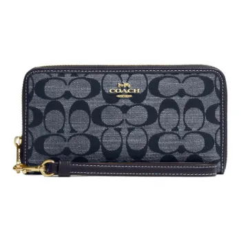 COACH Zip Around Canvas And Smooth Leather Clutch Wallet Trumpets Women's Blue